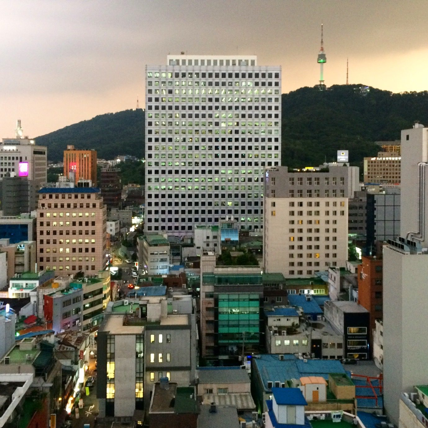 Blick auf Hotels, Büro- und andere Gebäude im Stadtteil Myeongdong und den Namsan-Park im Zentrum von Seoul (Foto: Eric Sturm)