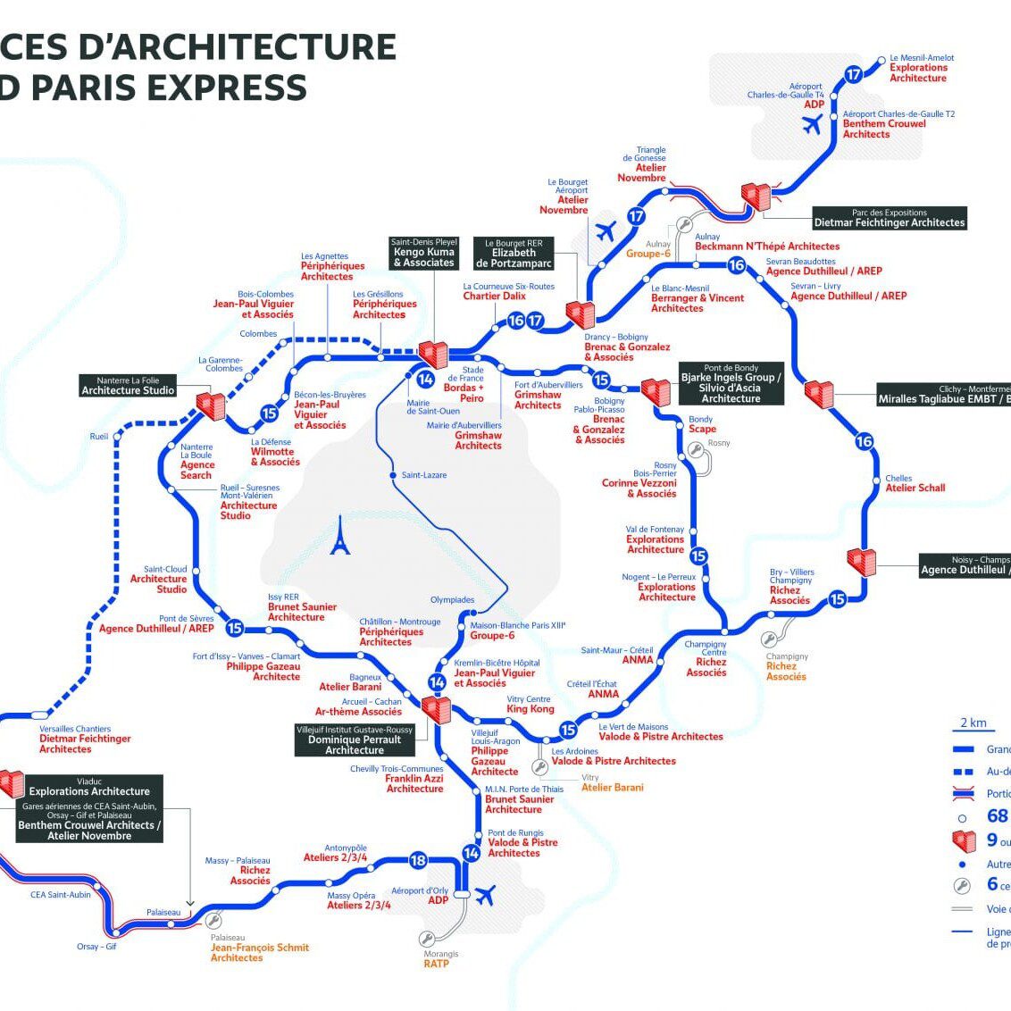 Grand Paris Express: Übersicht mit ausgewählten Architekturprojekten und Architekturbüros, Stand Sommer 2018 (Grafik: Société du Grand Paris)