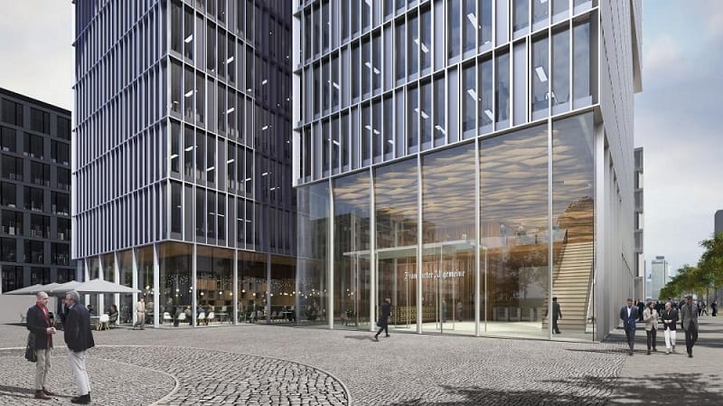 Eingangsbereich des FAZ-Neubaus an der Europa-Allee (Grafik: Eike Becker Architekten)