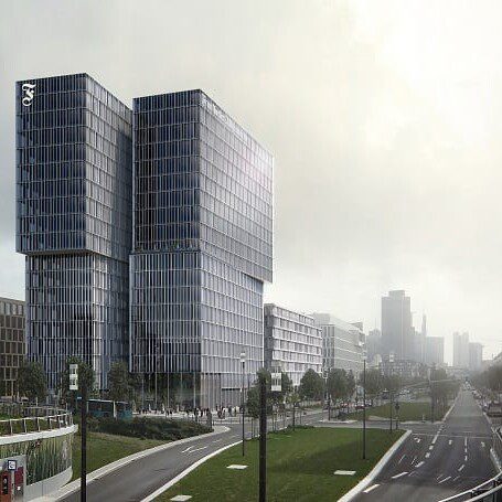 Frontalansicht des FAZ-Neubaus an der Europa-Allee (Grafik: Eike Becker Architekten)