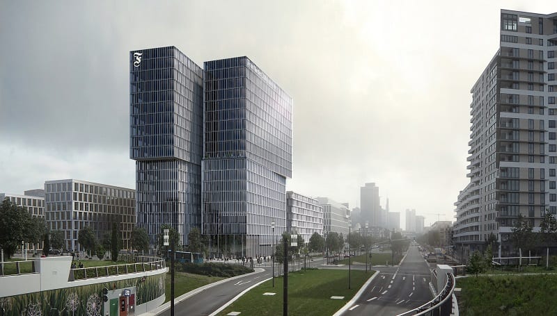 Frontalansicht des FAZ-Neubaus an der Europa-Allee (Grafik: Eike Becker Architekten)