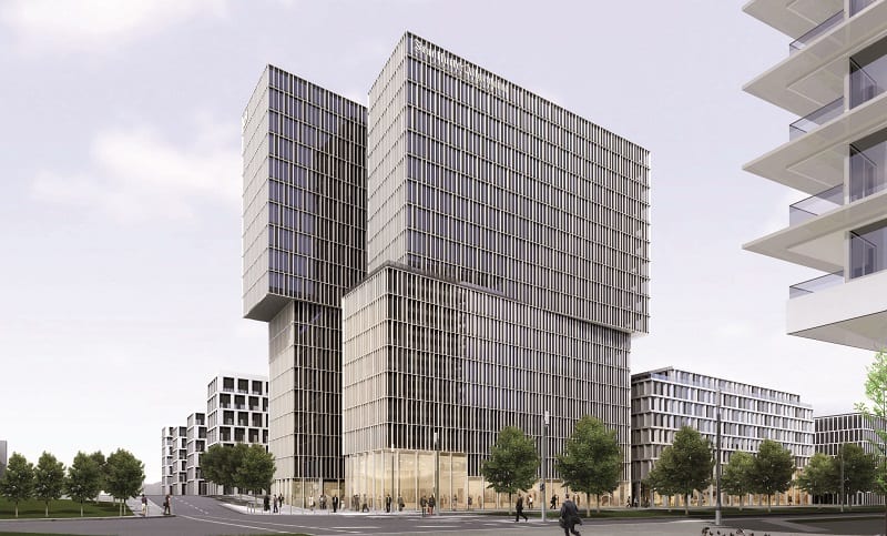 Seitliche Ansicht des FAZ-Neubaus an der Europa-Allee (Grafik: Eike Becker Architekten)