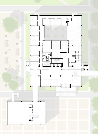 Grundriss Erdgeschoss – Umbau Bornemann-Hochhaus zum Jobcenter Berlin-Mitte (Rüthnick Architekten Ingenieure)