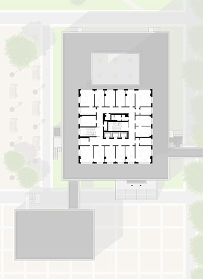 Grundriss Normalgeschoss – Umbau Bornemann-Hochhaus zum Jobcenter Berlin-Mitte (Rüthnick Architekten Ingenieure)