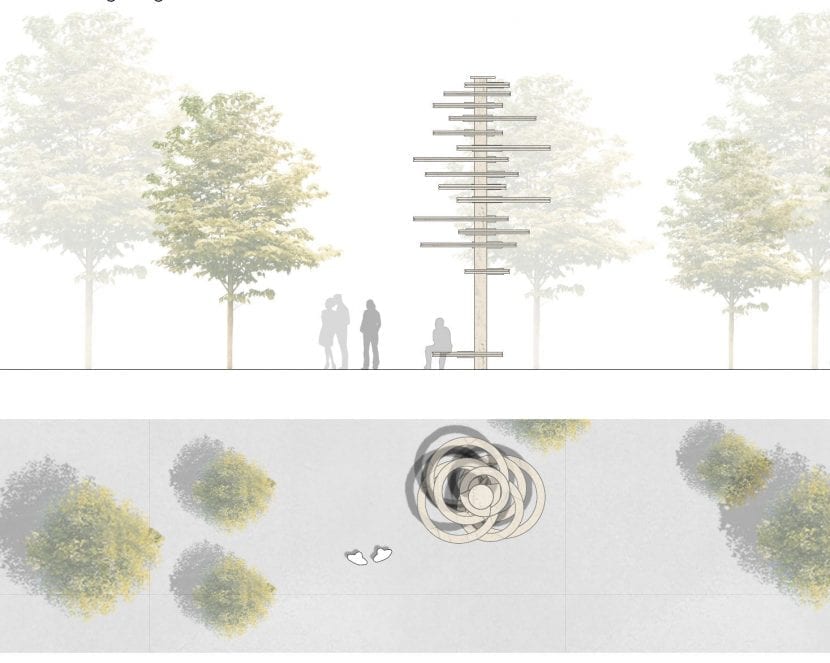 Entwurf für 5G-Sendemasten in Holzbauweise (Visualisierung: TU Kaiserslautern / Digital Timber Construction DTC)