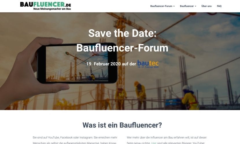 Auf baufluencer.de können sich Bauindustrie-Vertreter und Influencer für das „Baufluencer-Forum“ im Februar 2020 anmelden (Screenshot, September 2019)