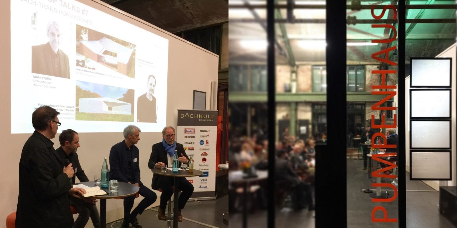 Diskussionsrunde mit Jan R. Krause (Moderation), den Architekten Prof. André Habermann und Achim Pfeiffer sowie Klaus H. Niemann (Dachkult) im Pumpenhaus der Jahrhunderthalle Bochum (Foto: Eric Sturm)