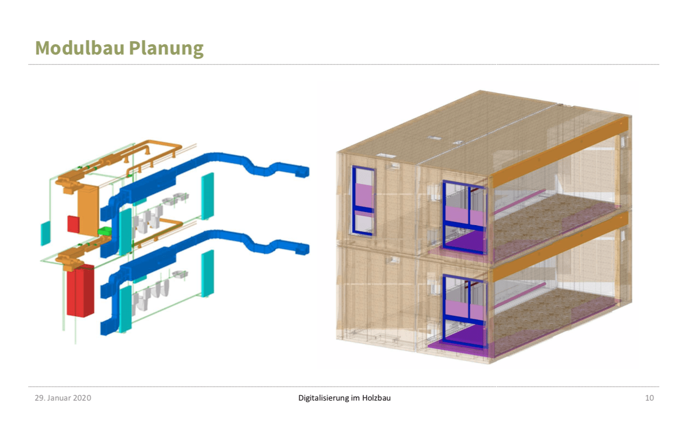 Modulbauplanung in 3D: Ansichten eines BIM-Modells aus dem Vortrag von Gerd Prause (Abbildung: Prause Holzbauplanung)