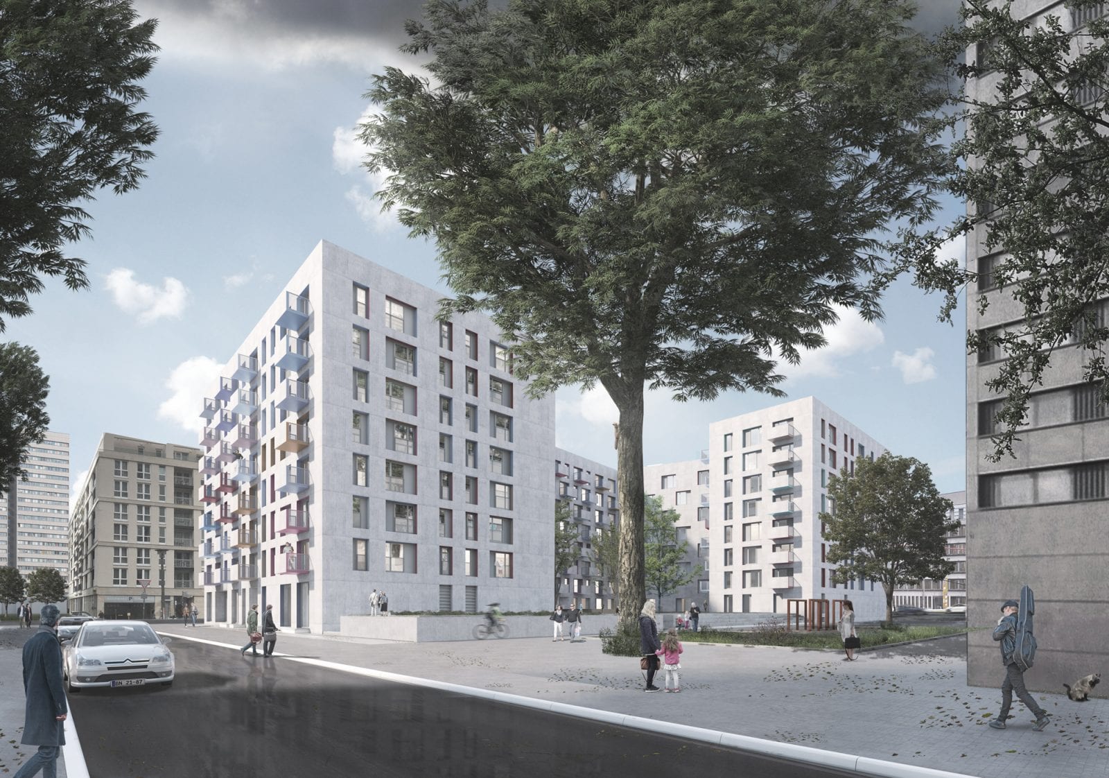 Wohnungsneubau von blauraum Architekten auf der Fischerinsel: Blick von Nordosten auf das Ensemble (Bild: blauraum Architekten)