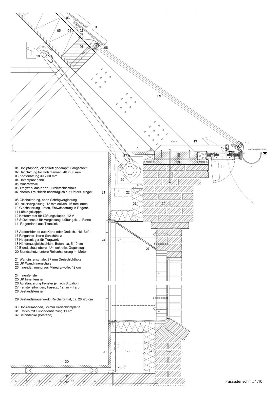 Umbau Alte Reiterkaserne, Kunstakademie Münster – Fassadenschnitt: Detailzeichnung im Maßstab 1:10 (Abbildung: Schüring Architekten BDA)