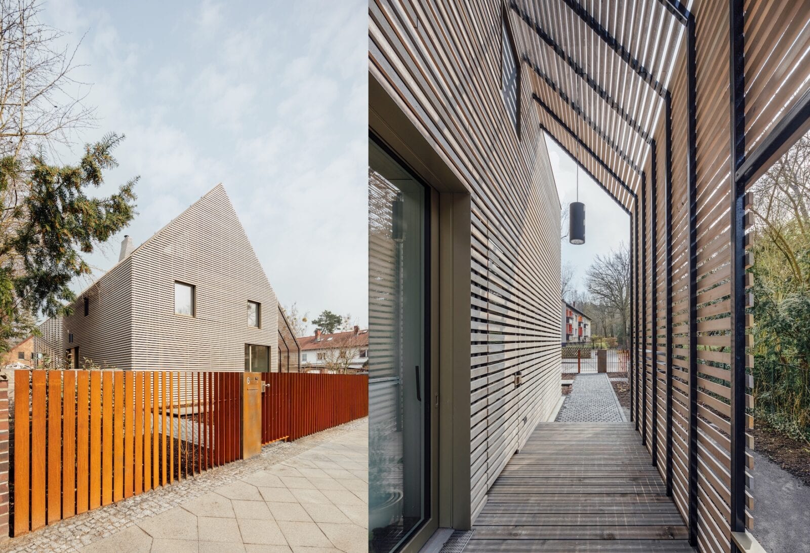 Ansicht des Pergolahauses von der Straßenseite (links). Rechts: Der Hauseingang wird durch die Pergola vor Wind und Wetter geschützt. (Fotos: Gui Rebelo)