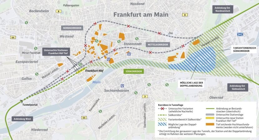 Die Machbarkeitsstudie für den neuen Fernbahntunnel untersuchte auch eine Streckenführung unter den Hochhäusern der Frankfurter Innenstadt (Grafik: DB AG)