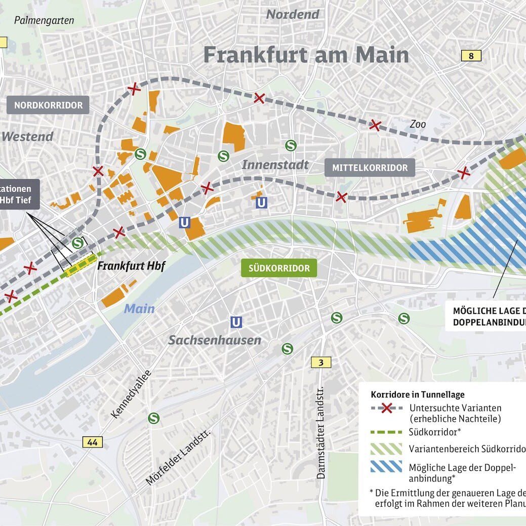 Die Machbarkeitsstudie für den neuen Fernbahntunnel untersuchte auch eine Streckenführung unter den Hochhäusern der Frankfurter Innenstadt (Grafik: DB AG)