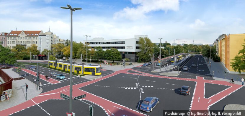 Neubaustrecke Tram M10 von Berlin Hauptbahnhof zum U-Bahnhof Turmstraße: Kreuzung Alt-Moabit / Rathenower Straße (Visualisierung: Vössing Ingenieur GmbH)