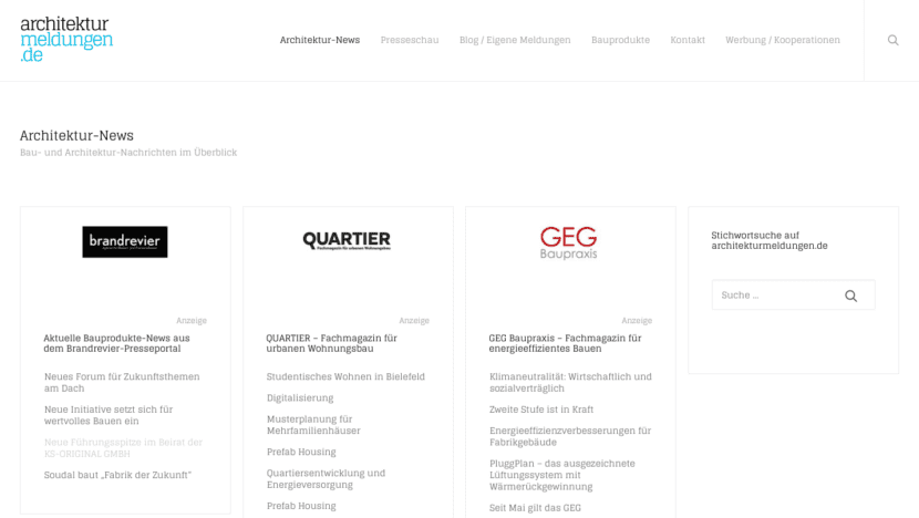 Werbung ganz vorne, ganz oben: Gesponserte "News-Kacheln" auf der Startseite von architekturmeldungen.de (Screenshot: August 2021)