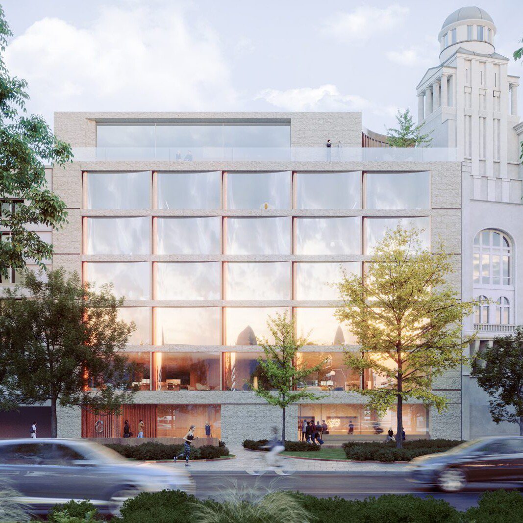 Das geplante emissionsfreie Bürogebäude am Nollendorfplatz, rechts daneben das Metropol-Theater (Grafik: HENN)