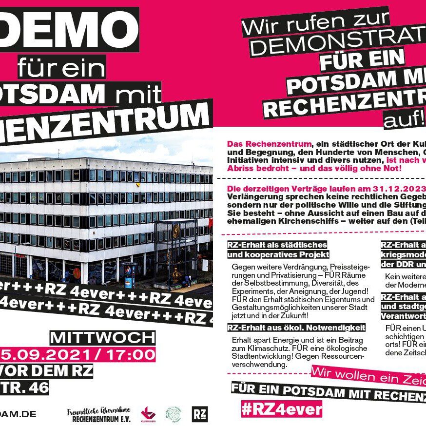 DDR-Moderne in Gefahr: Demo zum Erhalt des Rechenzentrum Potsdam am 15.09.2021 (Grafik: Flyer #RZ4ever))