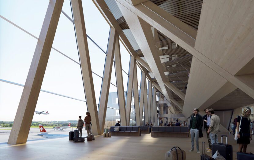 Abflug-Gate im Dock A-Neubau mit der Fassade aus V-förmigen Holzbindern (Rendering: IMIGO)