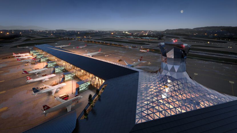 Aussenansicht des neuen Dock A am Flughafen Zürich (Rendering: Bucharest Studio)