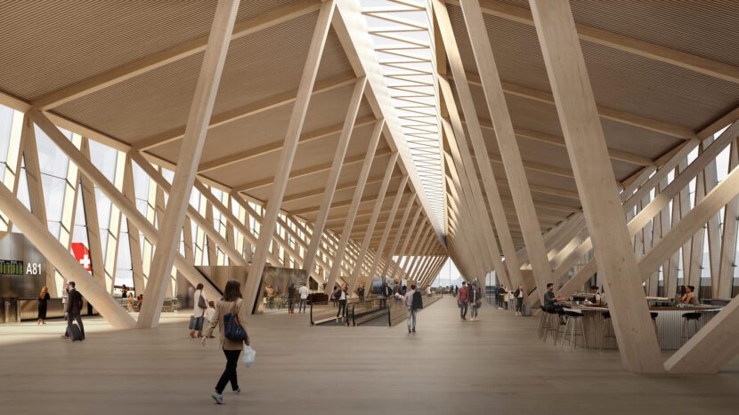 Neubau des Flughafen-Terminals Dock A in Holzbauweise: Innenansicht (Rendering: BIG)