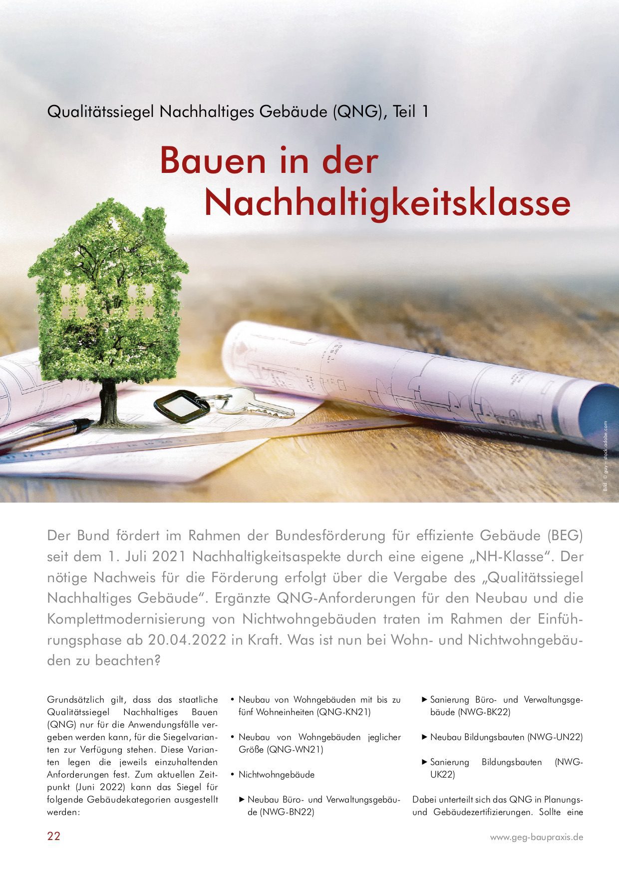 QNG: Bauen in der Nachhaltigkeitsklasse, Autor: M. Eng. Alexander Erdmann (GEG Baupraxis, 09/2022, Seite 22)