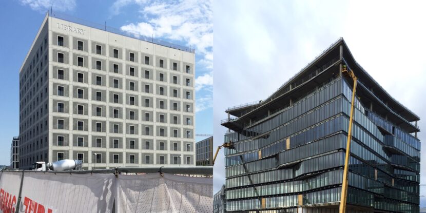 Die Rasterfassade (links) und die Glasfassade (rechts) sind typische Ausprägungen von Fassaden in der modernen Architektur (Fotos: Eric Sturm)