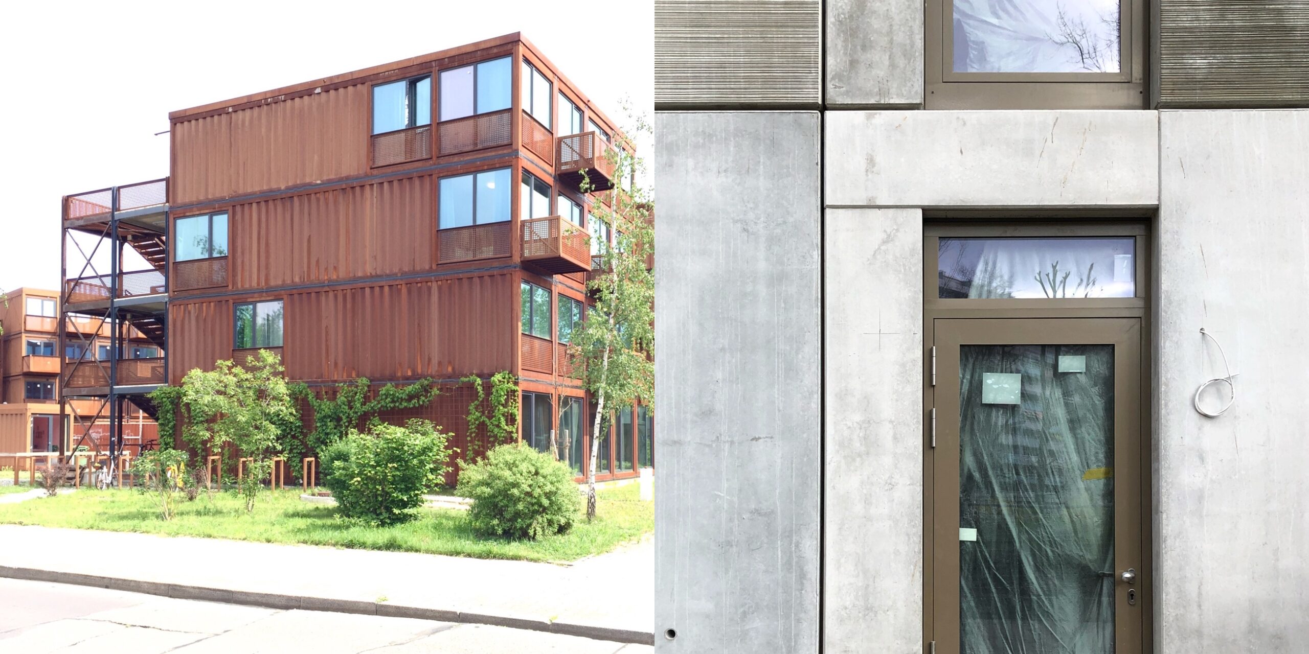 Modulares Bauen: Beispiele für Stahlmodulbau (links) und Modulbau aus Sichtbeton-Modulen in Berlin-Treptow bzw. Berlin-Köpenick (Fotos: Eric Sturm)