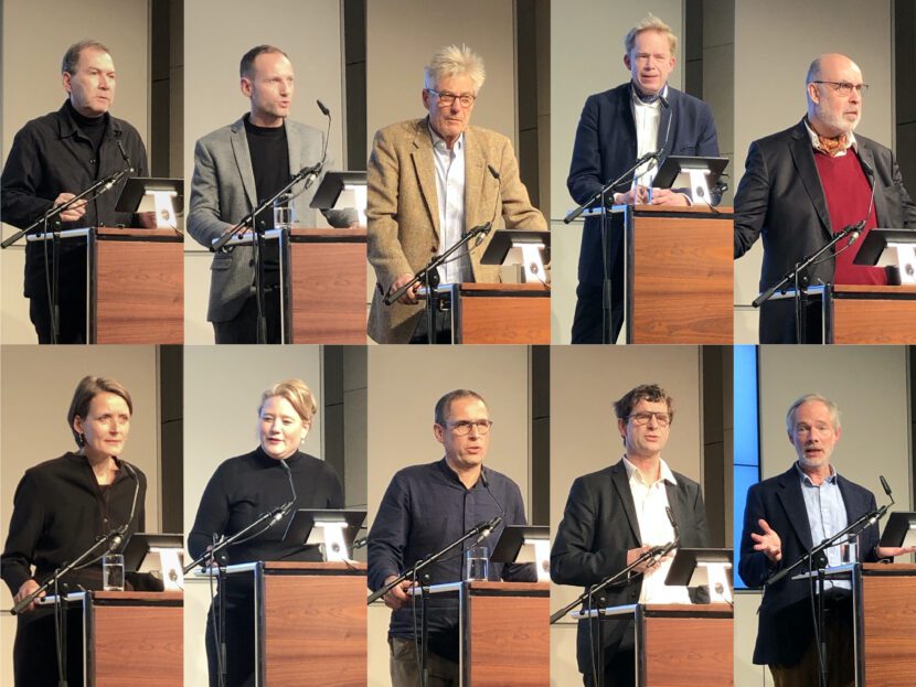 Die Referent*innen des Bauakademie-Symposiums im Februar 2023: Dr. Hans-Dieter Nägelke, Achim Wollschläger, Prof. Dr. Fritz Neumeyer, Ephraim Gothe, Prof. Dr. Peter Stephan, Julia Dahlhaus, Prof. Elisabeth Endres, Prof. Dipl.-Ing. Eike Roswag-Klinge, Dr. Ing. Christian Müller, Prof. Dr. Wolfgang Sonne (im Uhrzeigersinn; Fotos: Antje Bruno)