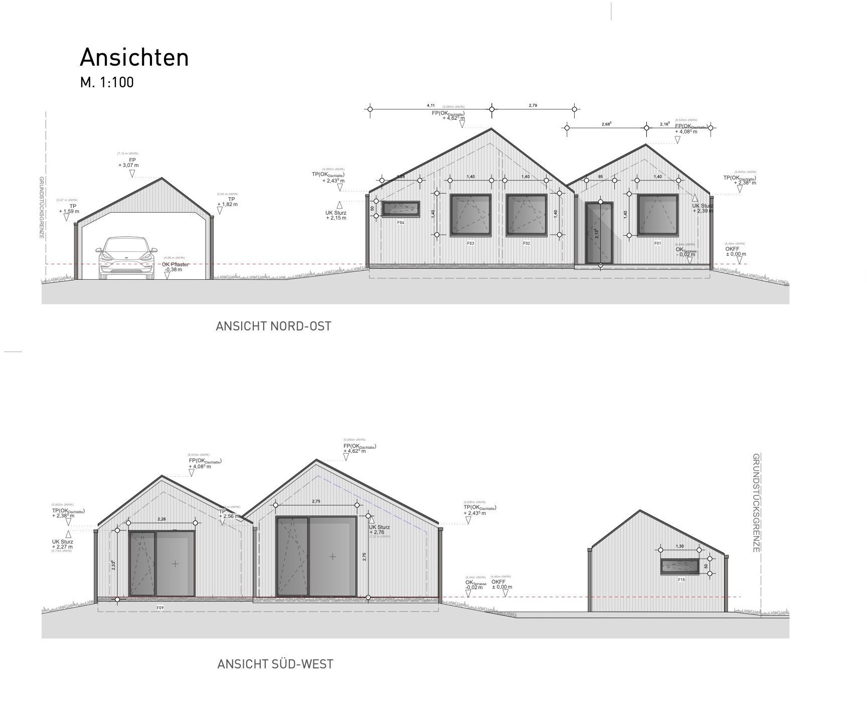 Ein Ausschnitt aus der Ausführungsplanung: Die giebelseitigen Fassaden unseres Hauses (Abbildungen: Kahrs Architekten, Bremen) Ein Ausschnitt aus der Ausführungsplanung: Die giebelseitigen Fassaden unseres Hauses (Abbildungen: Kahrs Architekten, Bremen)