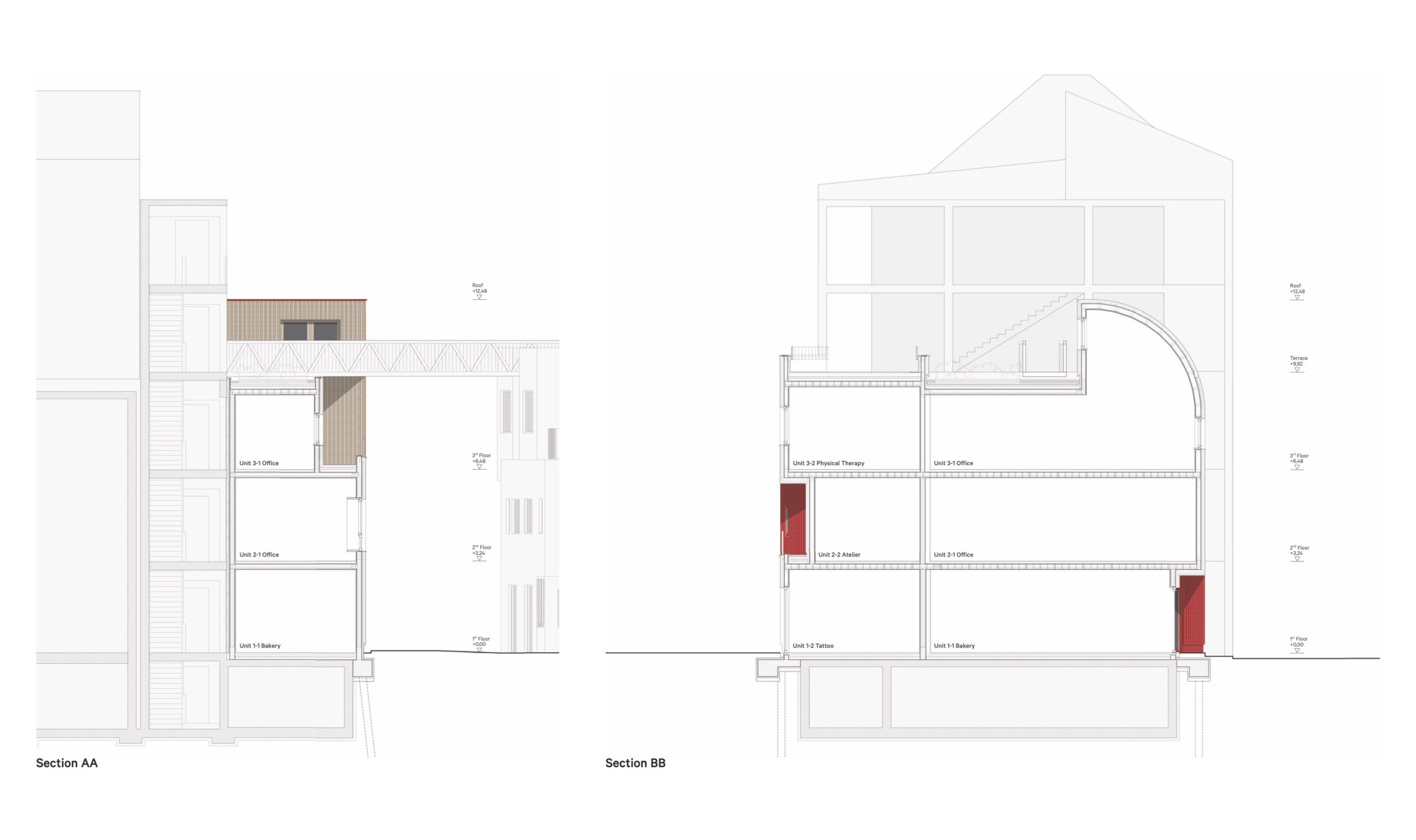 Holzhaus am Holzmarkt: Das Haus 2+ im Längs- und Querschnitt (Zeichnung: Office ParkScheerbarth)