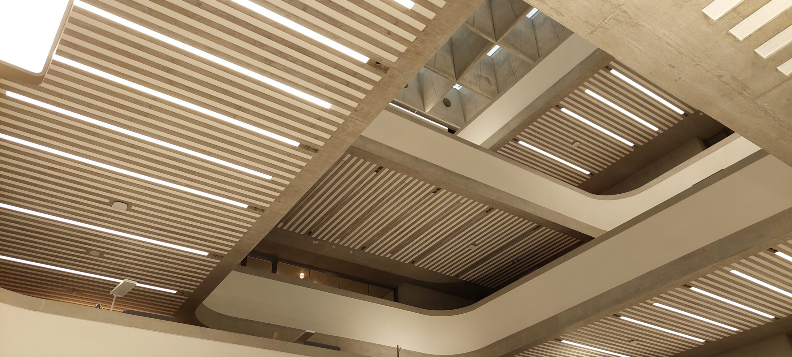 Neben den Akustik-Elementen sind auch Leuchten und Sprinkler in der Decke integriert (Foto: Sto SE & Co. KGaA)