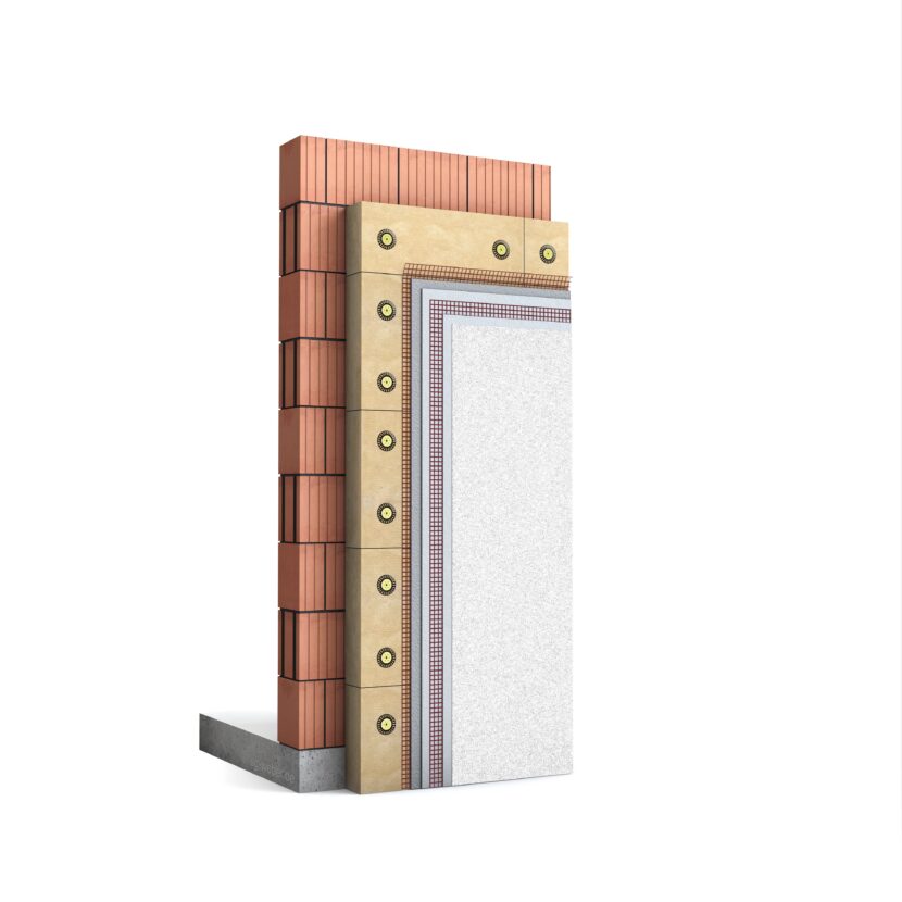 Durch eine rein mechanische Befestigung und eine integrierte Separationsschicht lassen sich die Komponenten von weber.therm circle nach dem Ende der Nutzung sortenrein trennen. Dies gilt für die Variante mit Holzfaser- ebenso wie für die mit Mineralwoll-Dämmplatten (Grafik: Saint-Gobain Weber)