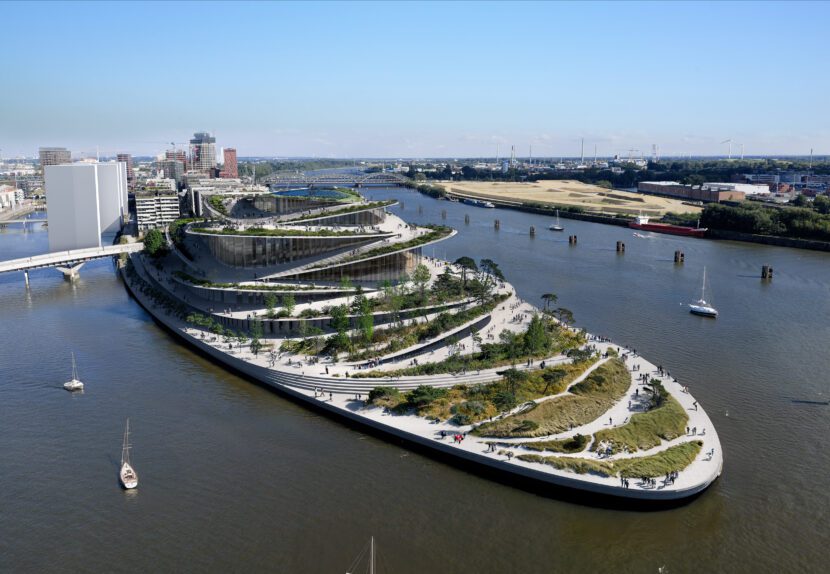 Ansicht der zukünftigen Hamburger Staatsoper vom Wasser aus (Entwurf: BIG Architects, Rendering: Yanis Amasri)