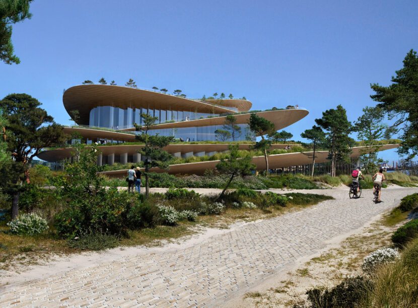 Wie in eine Dünenlandschaft eingebettet: Blick auf die neue Hamburger Staatsoper in der Hafencity (Entwurf: BIG Architects, Rendering: Yanis Amasri)