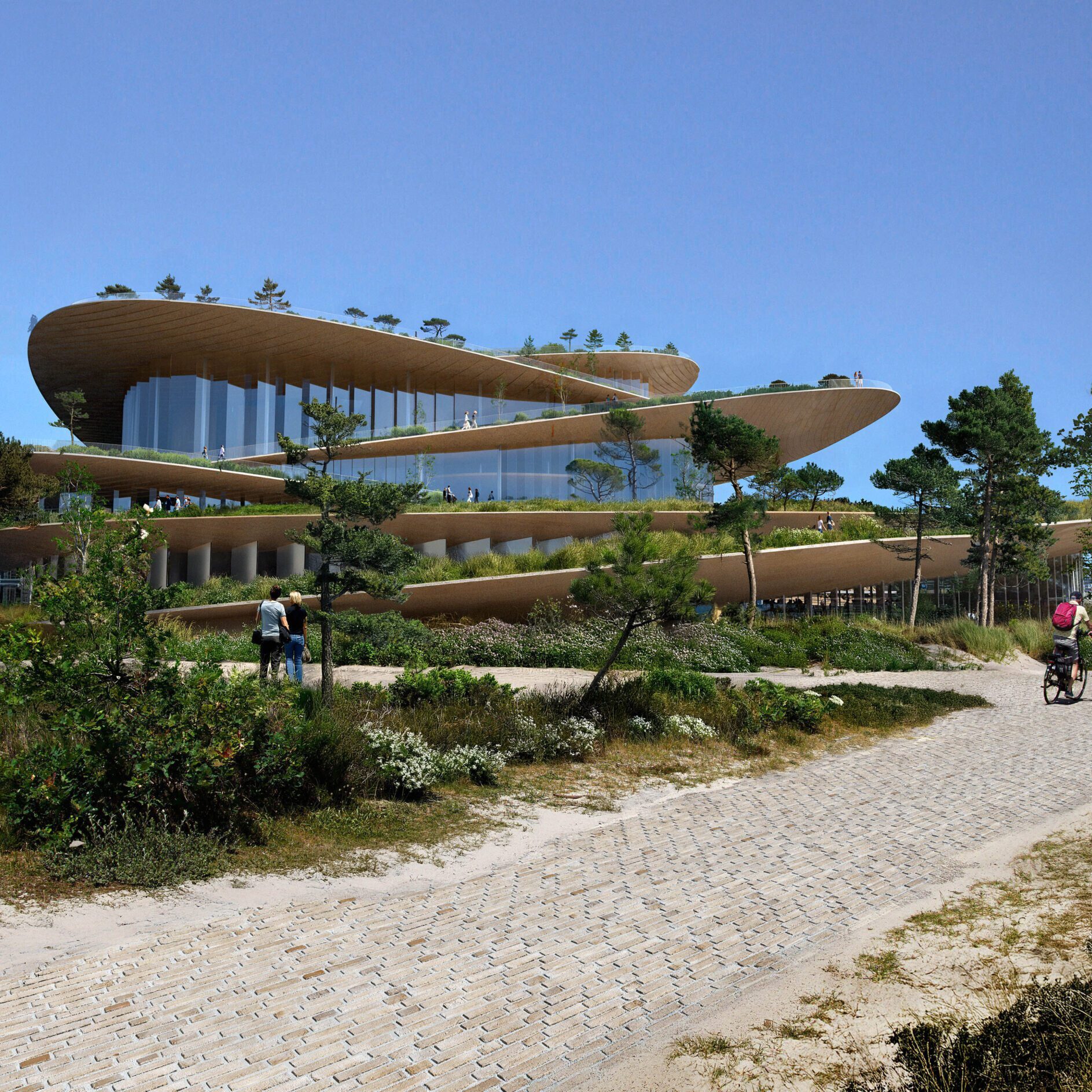 Wie in eine Dünenlandschaft eingebettet: Blick auf die neue Hamburger Staatsoper in der Hafencity (Entwurf: BIG, Rendering: Yanis Amasri)