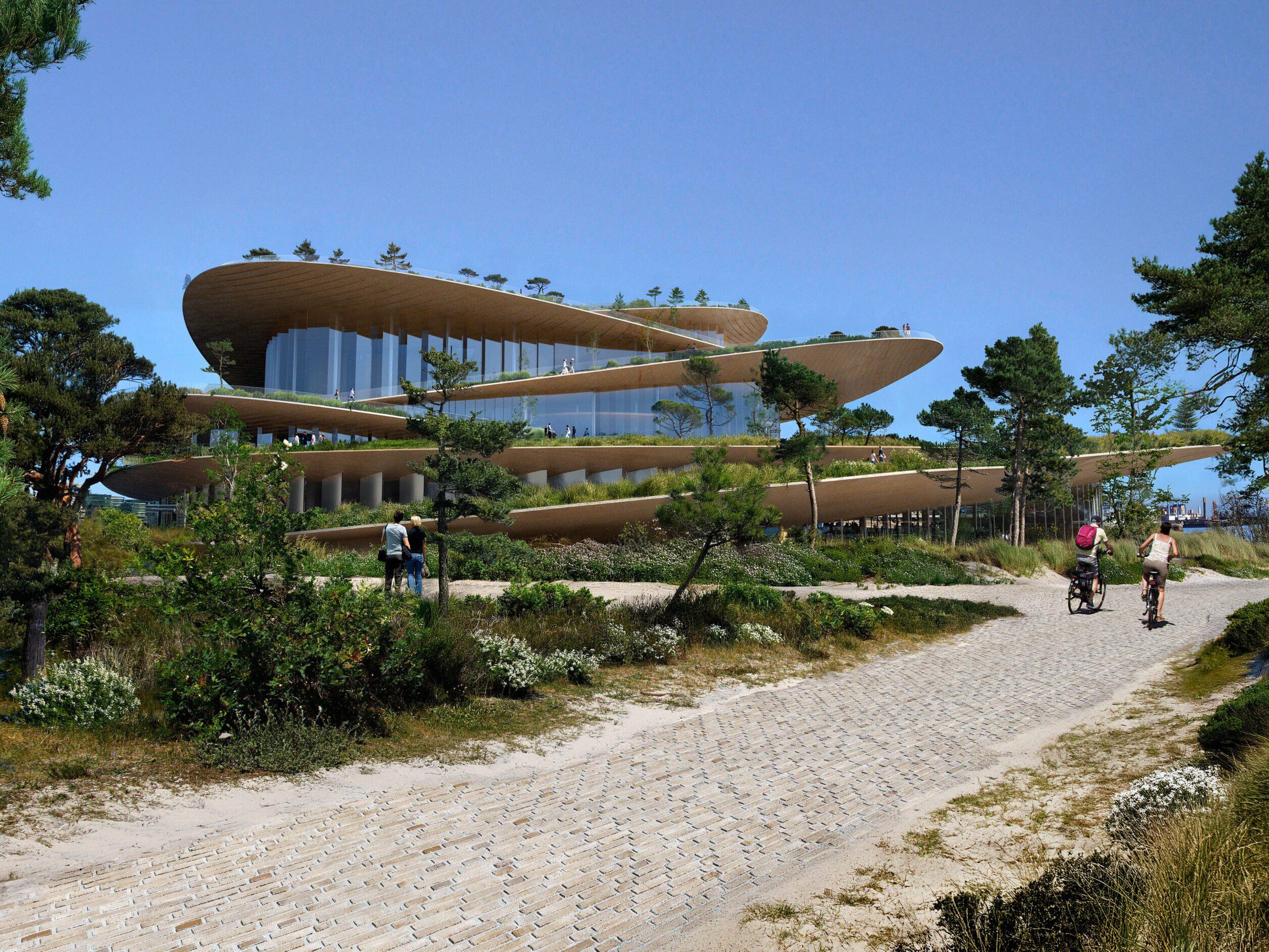Wie in eine Dünenlandschaft eingebettet: Blick auf die neue Hamburger Staatsoper in der Hafencity (Entwurf: BIG, Rendering: Yanis Amasri)